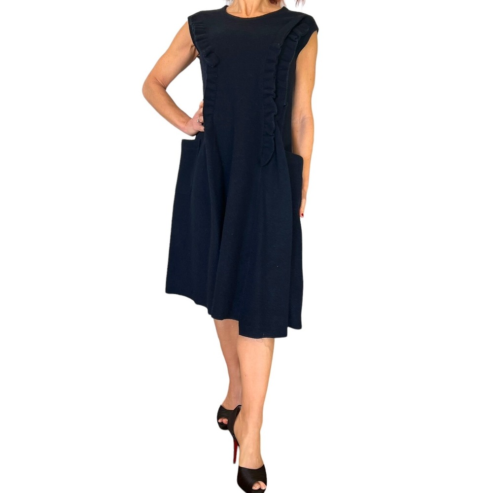 HACHE WOMEN'S NAVY WOOL SLEEVELESS A LINE DRESS  BACK TIE RUFFLE POCKETS ITALY M
